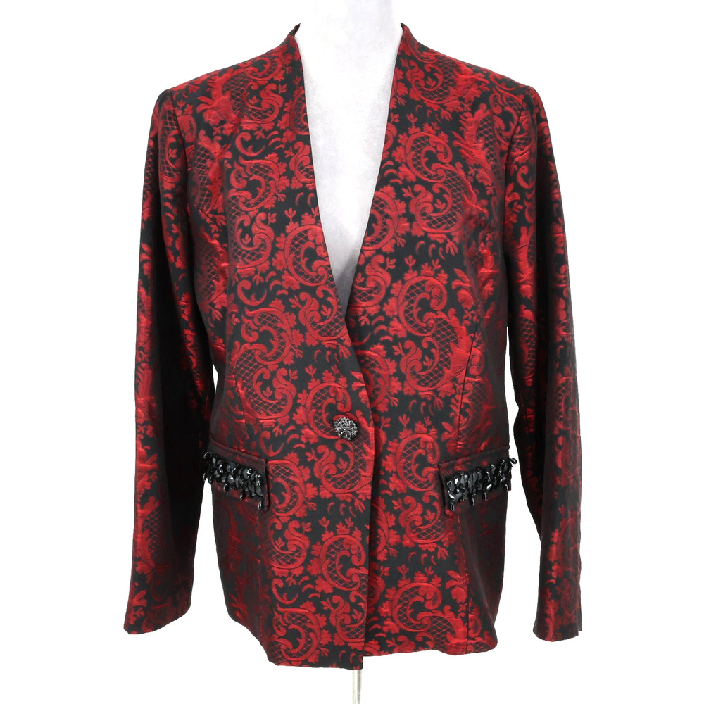 Chicos Jacket 2 Womens 12 Large Red Black Brocade Lined Blazer Beads on Pockets